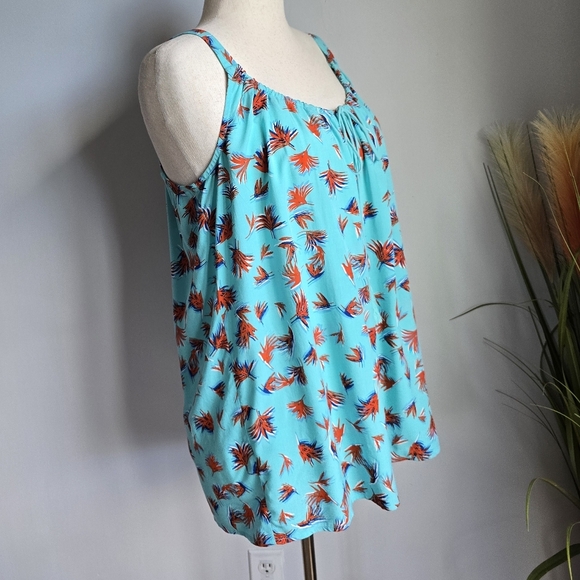 CAbi, New, Aqua/Orange Palm Leaf Tie Front Tassel Tank Blouse Top, Size Large - Picture 5 of 11